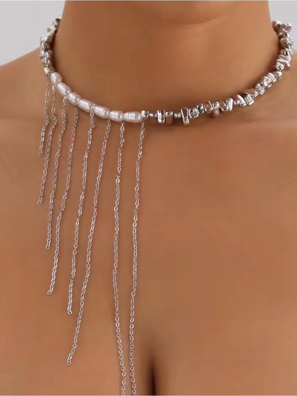 White Pearl and Silver Fringe Choker Necklace